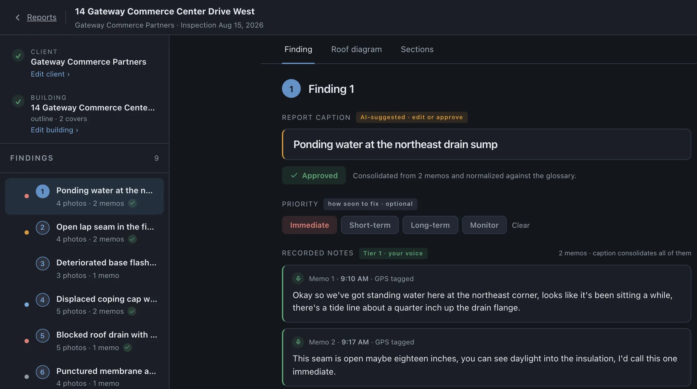 A finding in the web app: its suggested caption, approved, and both voice memos as text.