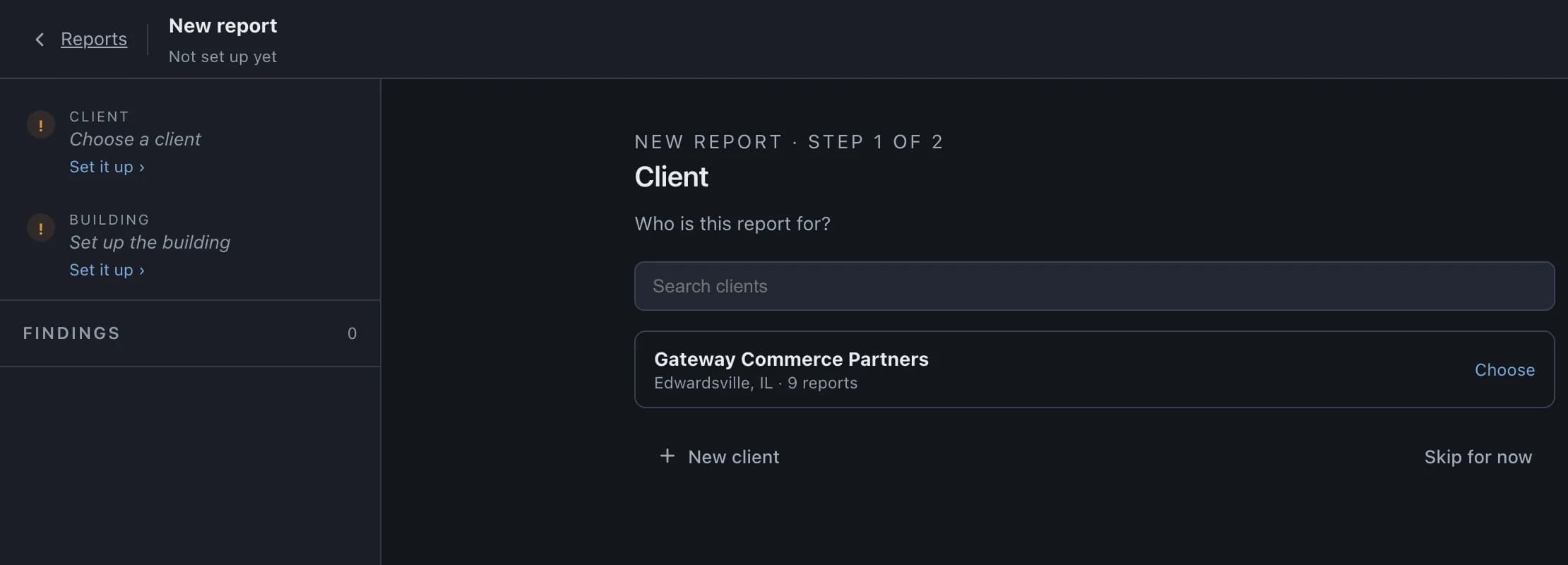 The web app starting a new report: choose the client, then set up the building.